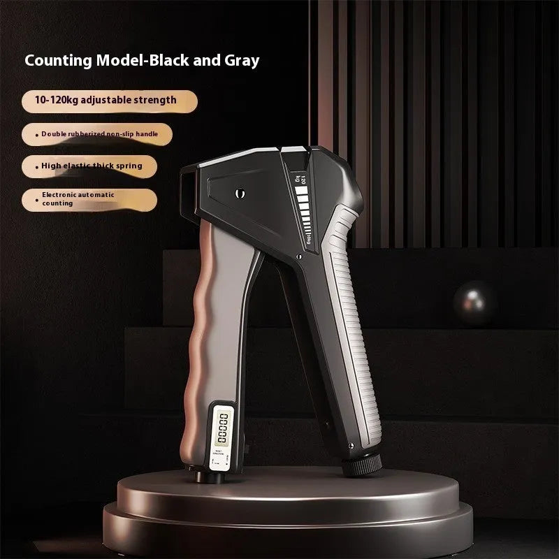 Adjustable hand gripper strength trainer with mechanical counter showing 5-60kg resistance range