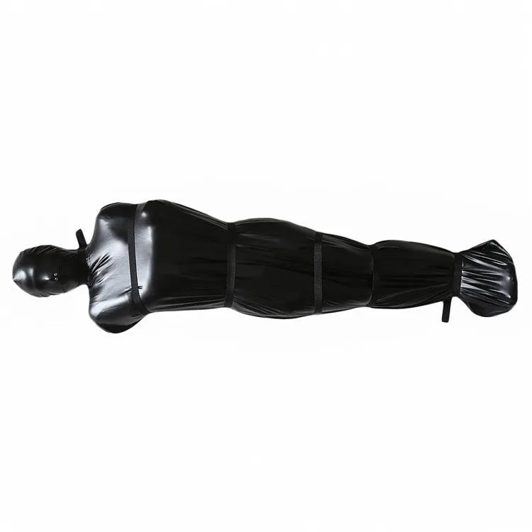 Black patent leather L size BDSM restraint kit with six ratchet straps and face piece