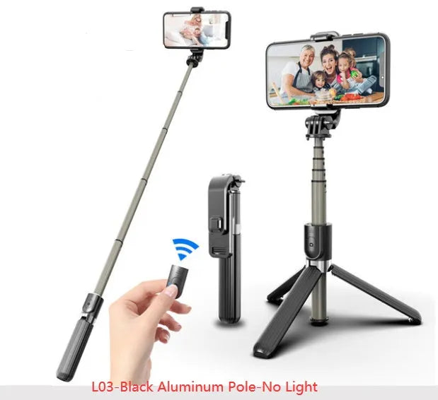 Black aluminium alloy selfie stick tripod with 5-inch ring fill light holding a smartphone, extended to show pole height