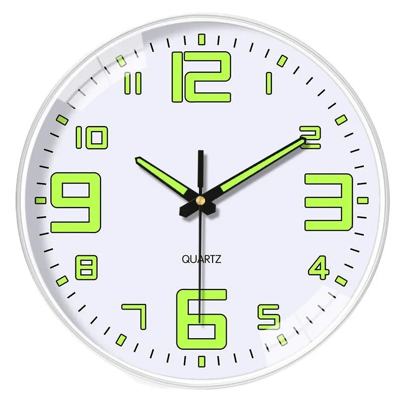 8 inch luminous modern wall clock showing glowing hands and numbers on a plastic shell.