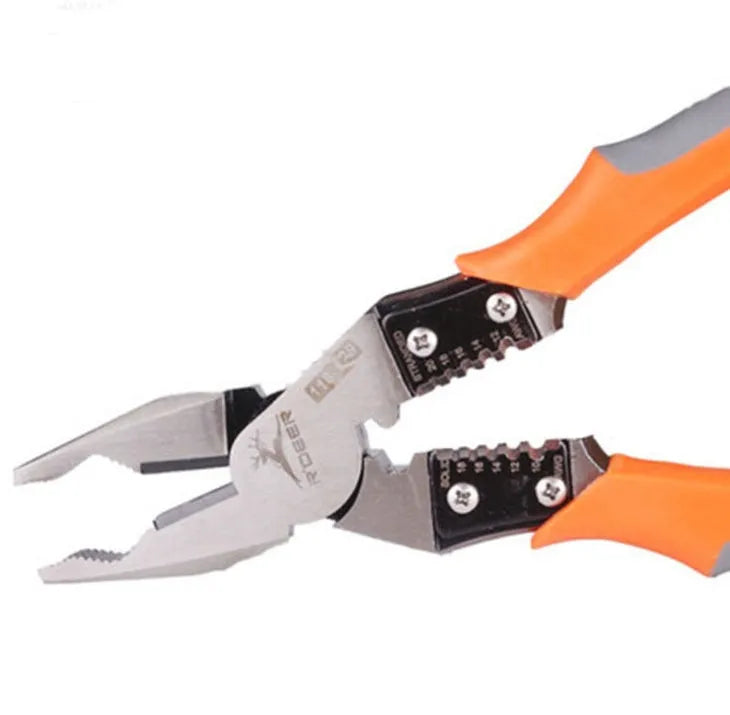 Orange multi-function wire cutter pliers with alloy steel head and textured PVC handles.