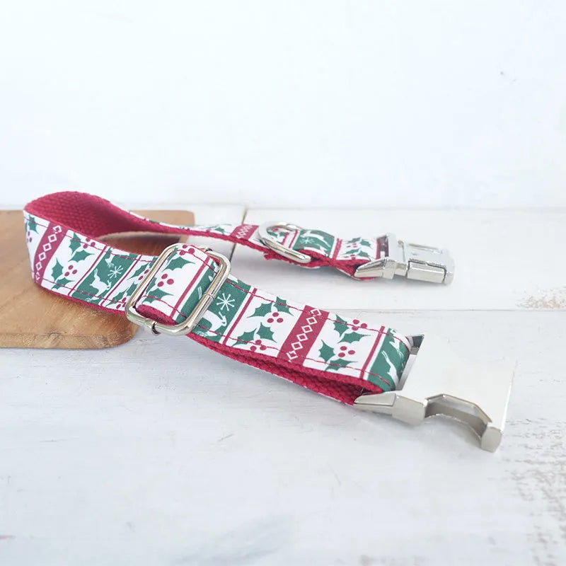 Thicken soft polyester dog collar set Christmas deer design light gold with traction rope and ribbon