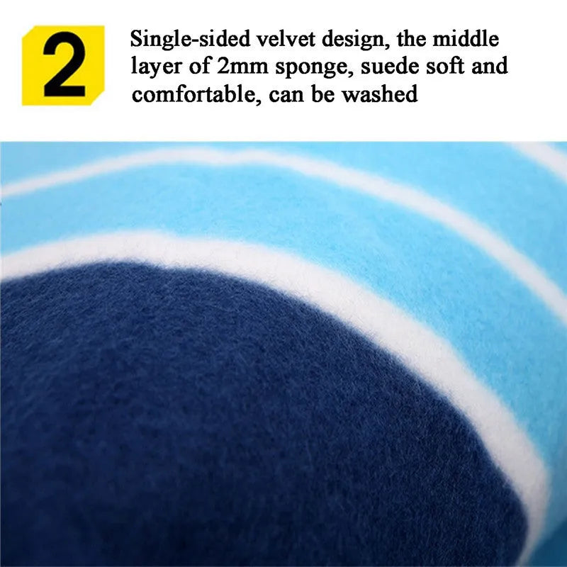 Folding suede picnic mat with blue stripes, expanded 200x200cm, showing soft velvet top and waterproof base