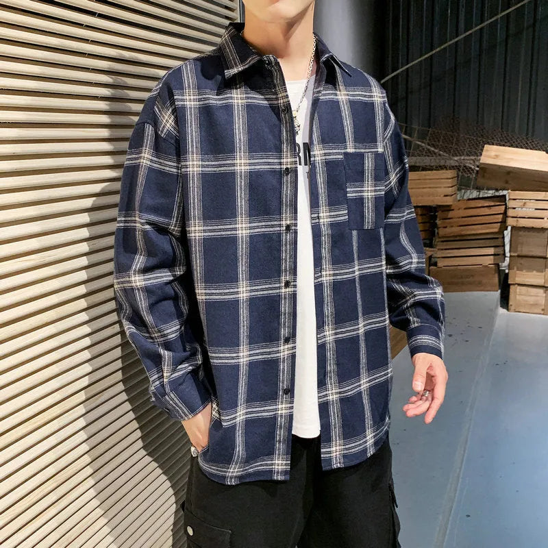 Men's long sleeve plaid shirt in loose fit, polyester blend, shown in black, grey, and navy blue