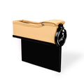 Car seat gap filler with coin side pocket, leather cup holder, and storage for smartphone and wallet in a vehicle interior
