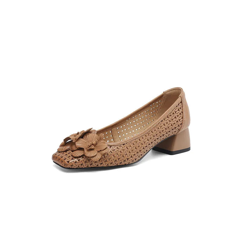 Light brown women's leather pumps with hollow weave design and a mid heel on a beef tendon sole.