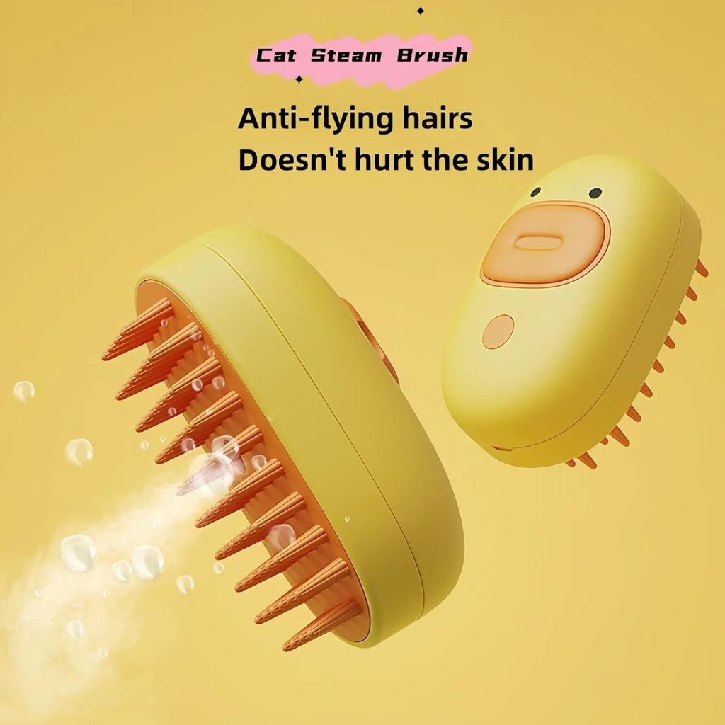 White rechargeable steam pet grooming brush with soft silicone teeth for cats and dogs.