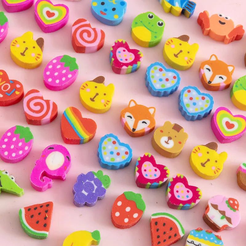 Assortment of 50 small colourful cartoon erasers showing fruit, animal, and aerospace designs.