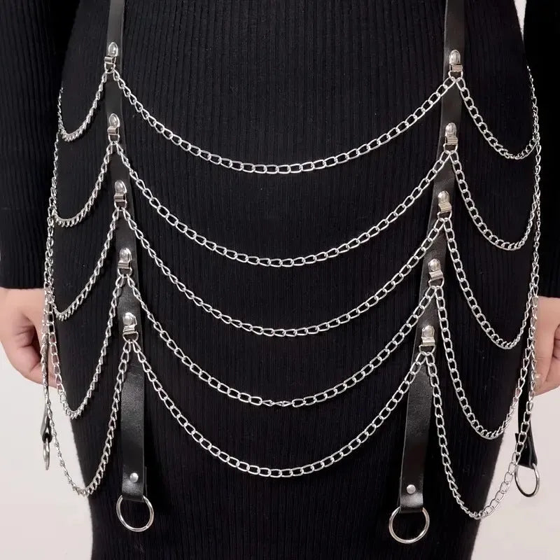 Black PU leather waist chain ornament with bandage-style binding design and adjustable chain