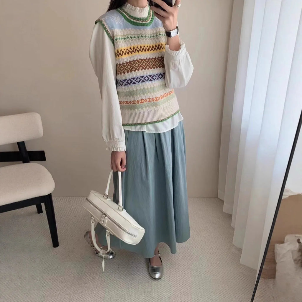Women's loose jacquard knitted sweater pullover with retro art splicing in polyester cashmere blend