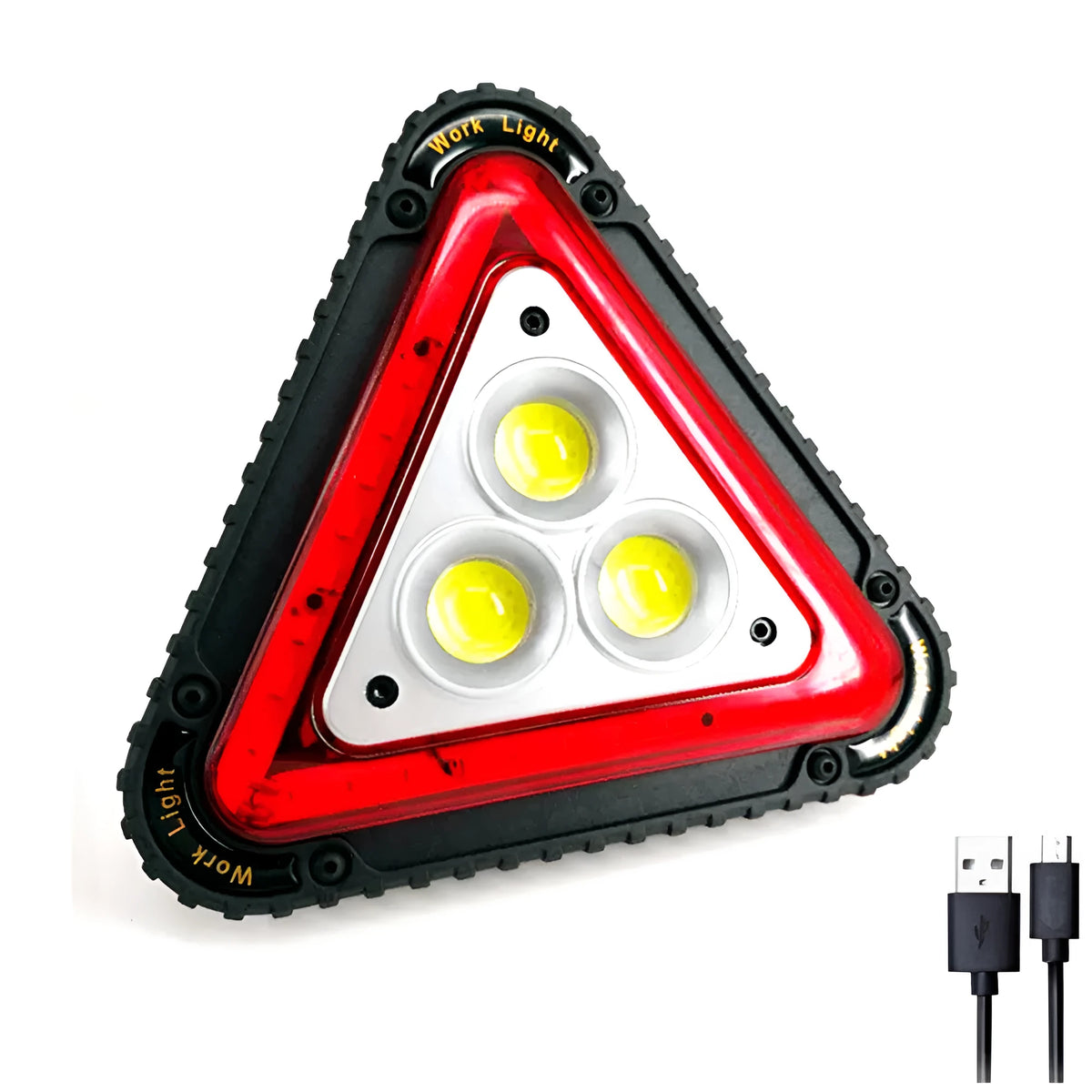Triangular red warning light, ABS body, 20W COB+LED, rechargeable 18650, hand pressure, with USB cable and four AA batteries