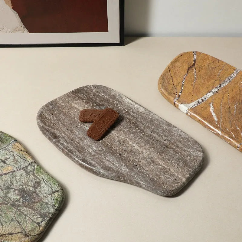 Natural marble irregular decorative tray in coffee colour on a wooden table, 33.5x19x1.6cm polished stone finish