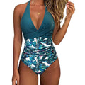 Women's printed bikini swimsuit with lace-up front and backless design in polyester fabric