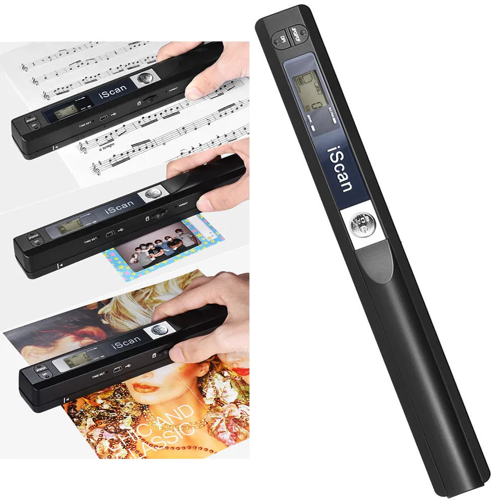 A handheld plastic barcode and QR code scanner shown in one of five colour options: black, blue, green, red, or silver.