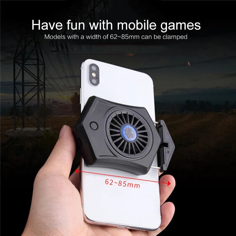 Black mobile phone radiator cooling fan clipped onto smartphone showing USB connection