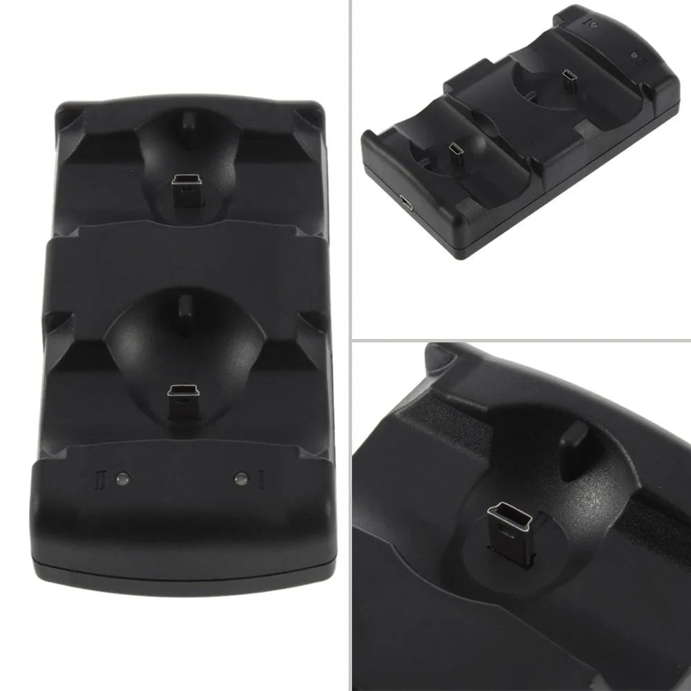 Black PlayStation 3 dual controller charging dock showing two controller charging slots