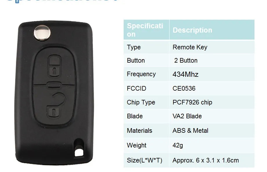 2-button black car key fob with 433MHz ID46 transponder chip for Peugeot 207 307 308