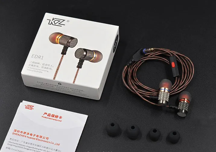 Black wired in-ear headphones with metal subwoofer drivers and L-bend 3.5mm plug