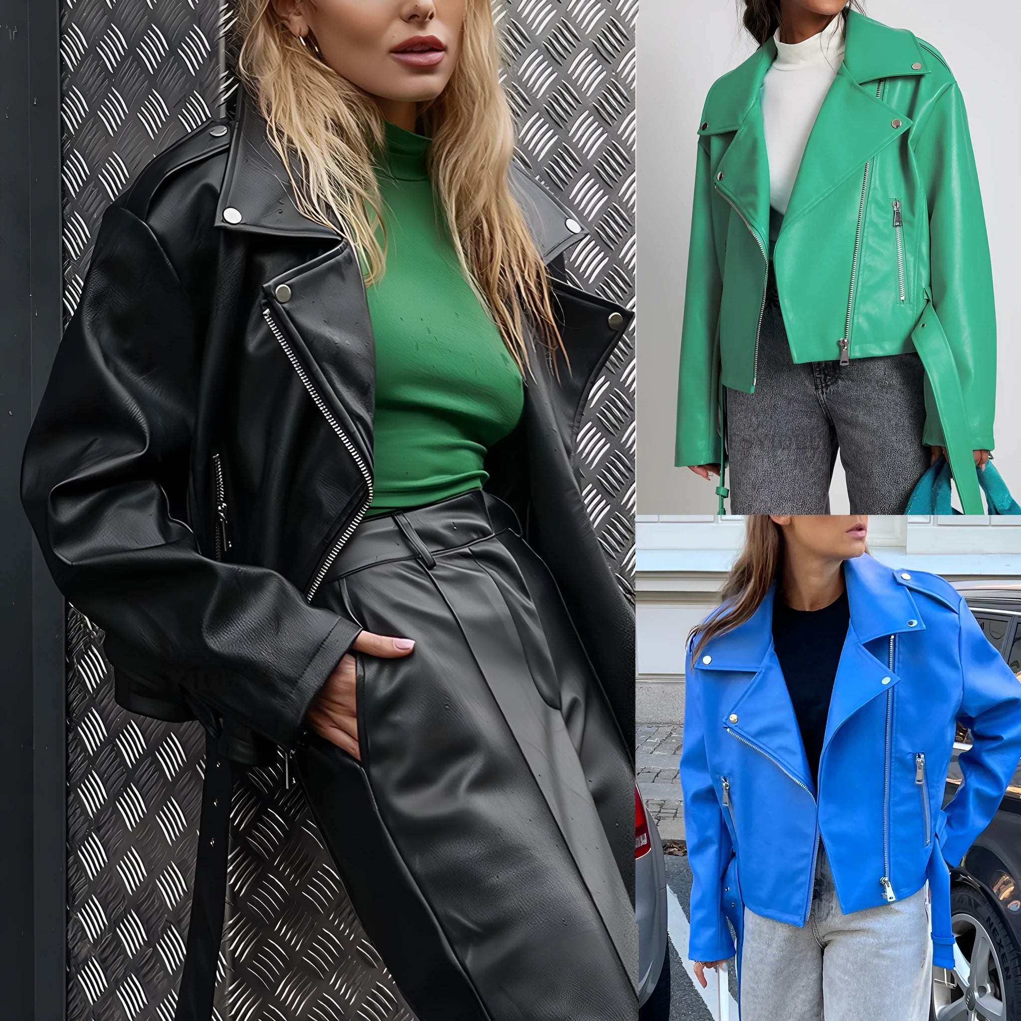 Punk short belt lapel jacket in leather-look polyester with a Peter Pan collar.