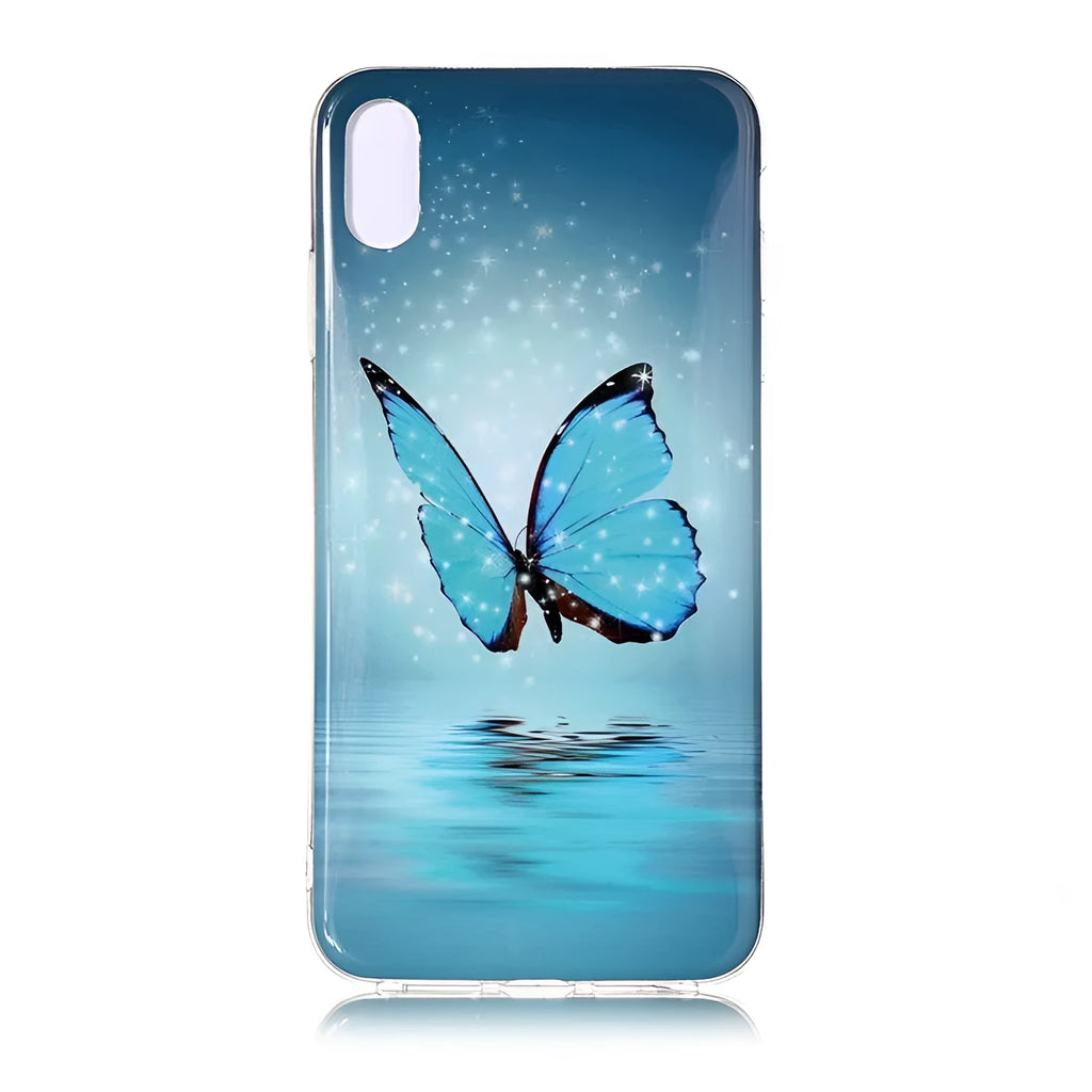 Glow in the dark iPhone case with a butterfly cartoon design on the back, showing luminous effect