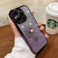 Dandelion gradient glitter silicone phone case for iPhone 14 Pro Max with purple electroplated finish and transparent base