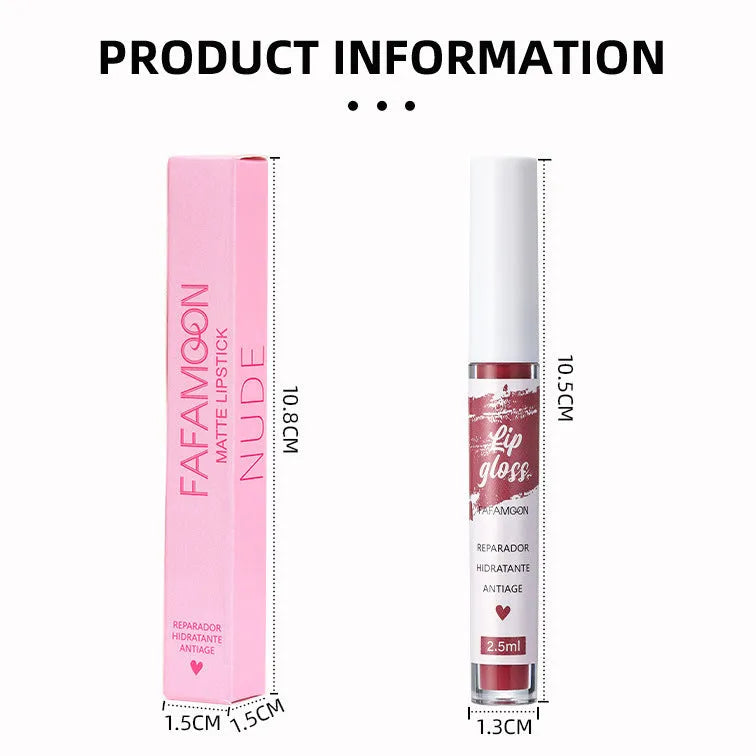 Matte velvet lip gloss tube in 2.5ml size with non-stick cup, long-lasting non-fading colour