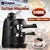 Black home mini espresso machine, semi-automatic steam type, 5 cup capacity, EU model, 220-240V, 730-800W, Italian style.