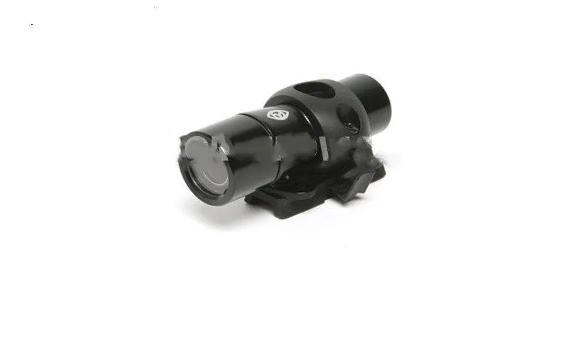 Black helmet flashlight socket mounted on MICH rail with Q5 flashlight fixture bracket