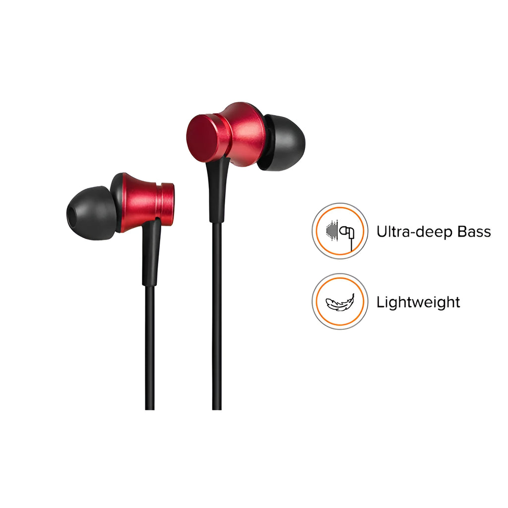 Piston style in-ear wired headphones with 3.5mm plug in black, blue, and red colour options.