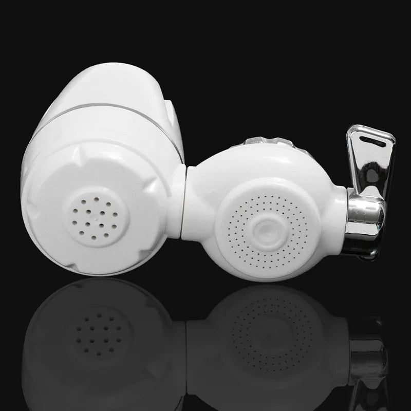 White plastic faucet water filter unit with ceramic core and universal thread adapters for kitchen tap installation.