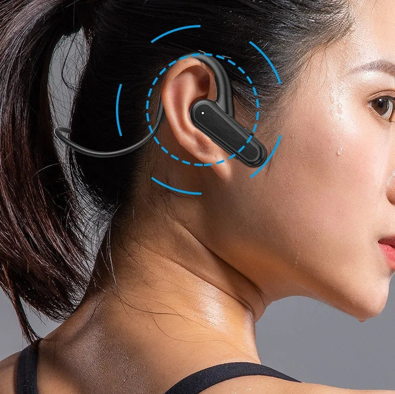 Bone conduction sports earphone, neck hanging waterproof design, Bluetooth 5.3, 15m range, Q2 black with charging cable and instructions