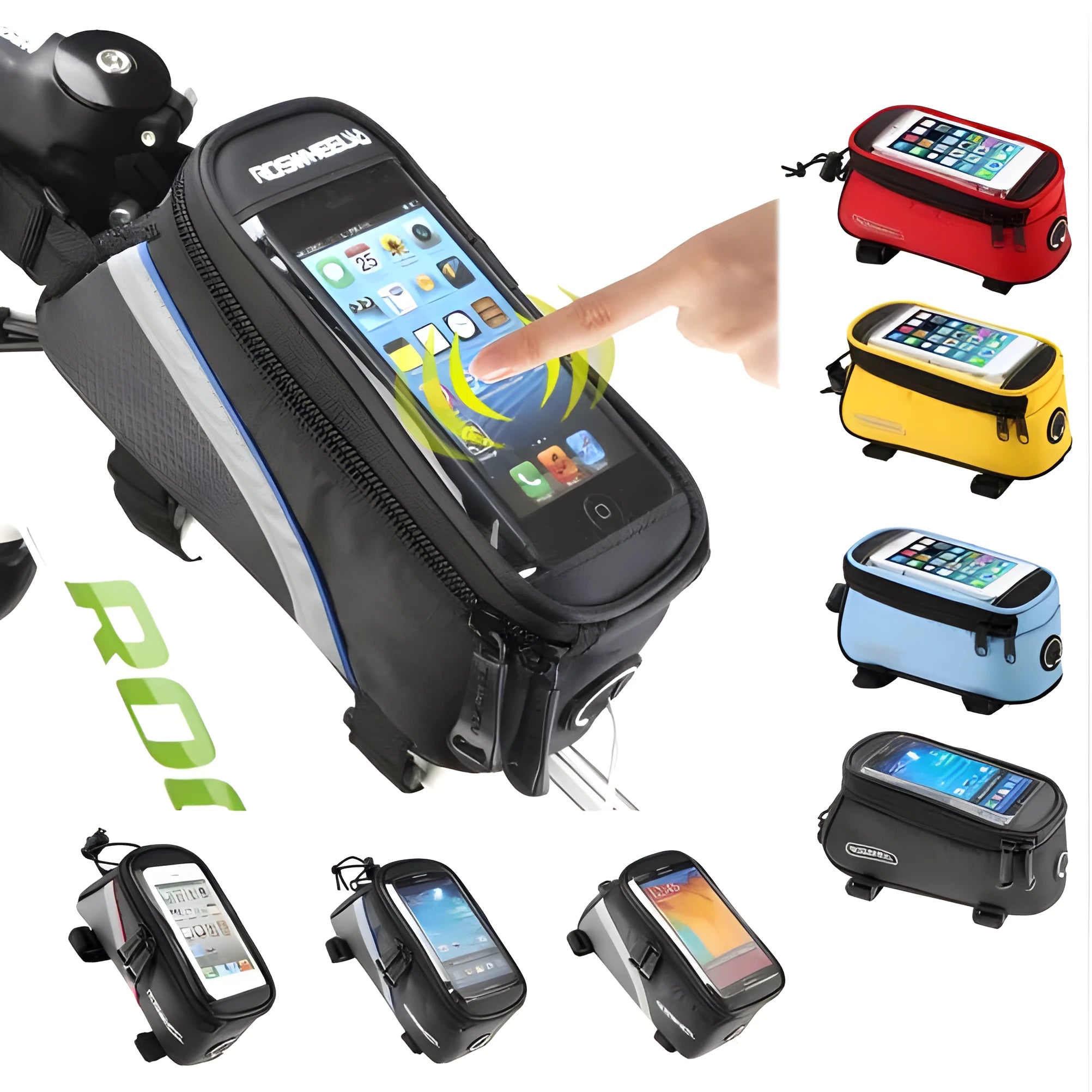 PVC bicycle frame bag holder for iPhone in black, blue, red, yellow and two-tone colours