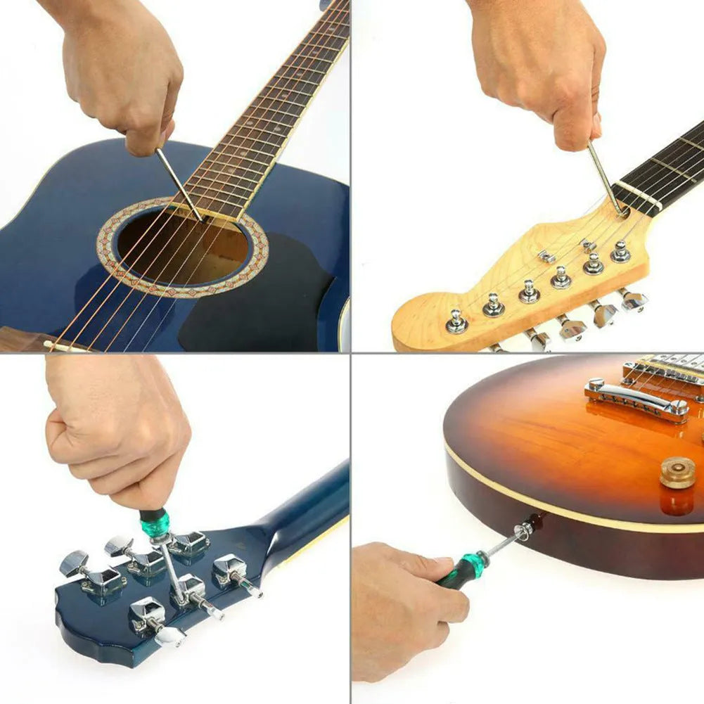 Black plastic and metal guitar repair tool kit for guitars, basses, mandolins and banjos