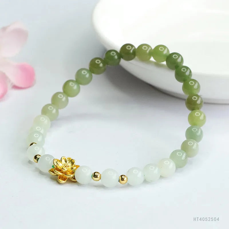 Hand-woven Hetian jade bracelet with 6mm flower beads showing sunshine water gradient colour
