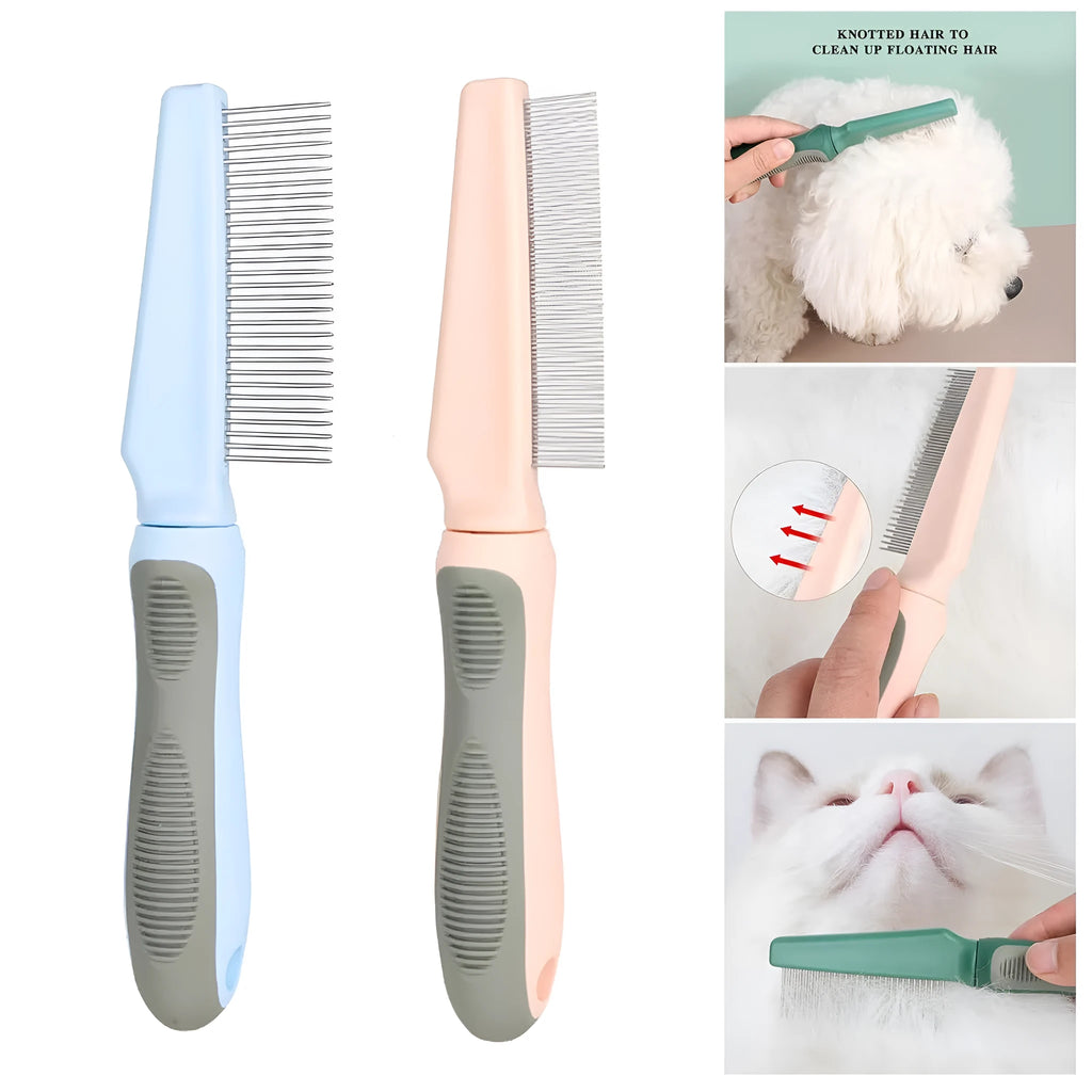 Blue pet detangler comb with rubber handle and multiple needle teeth types for dog and cat grooming.