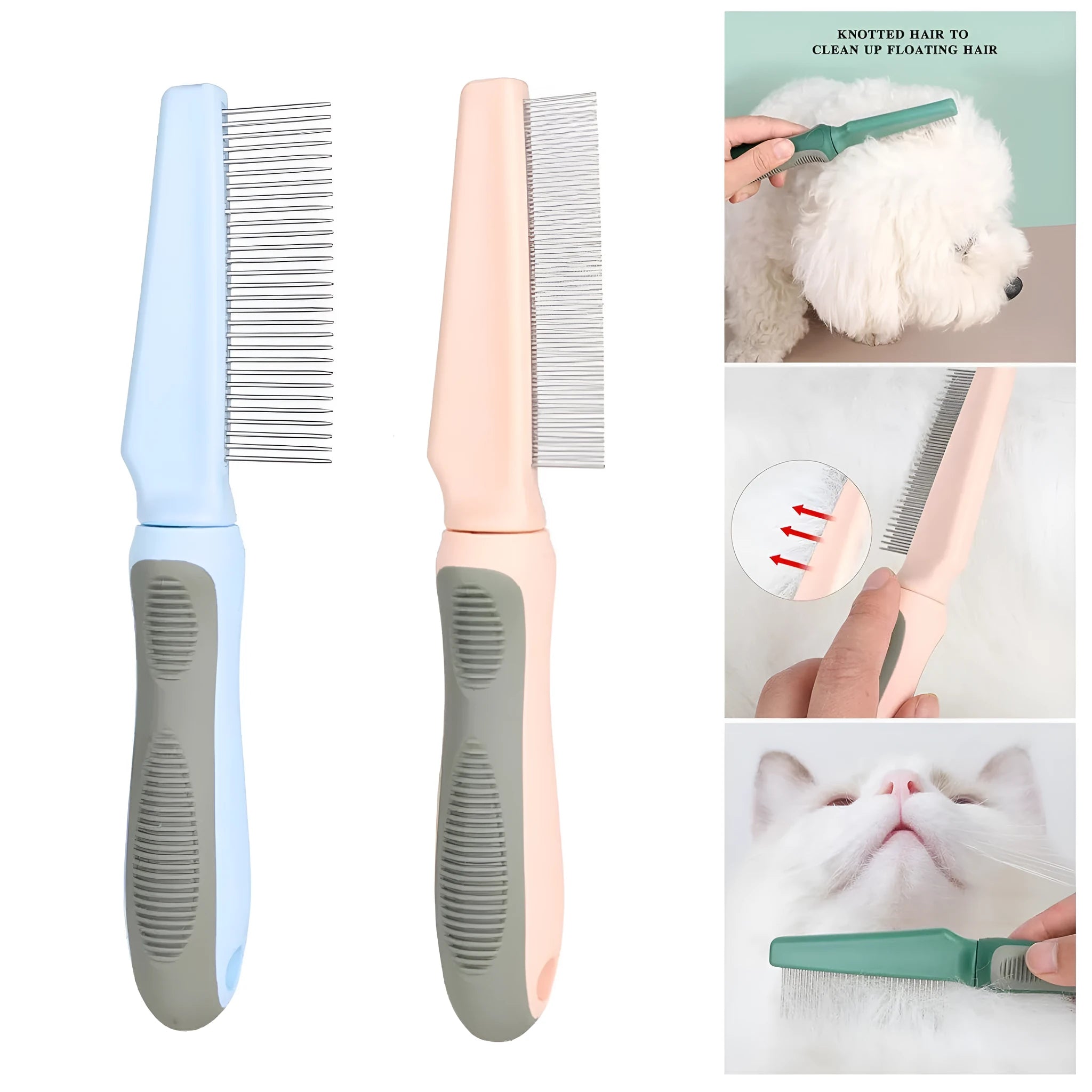 Blue pet detangler comb with rubber handle and multiple needle teeth types for dog and cat grooming.