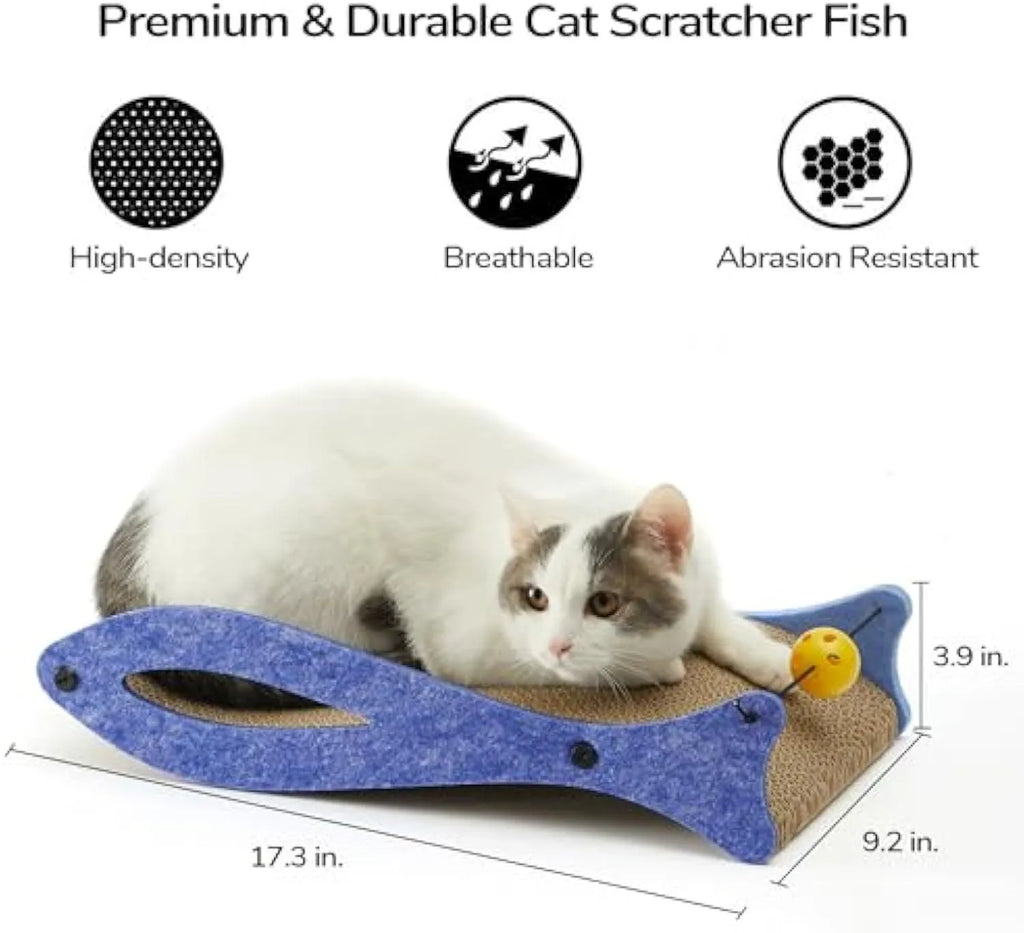 Blue fish-shaped cat scratcher lounge with corrugated cardboard surface and attached bell ball toy
