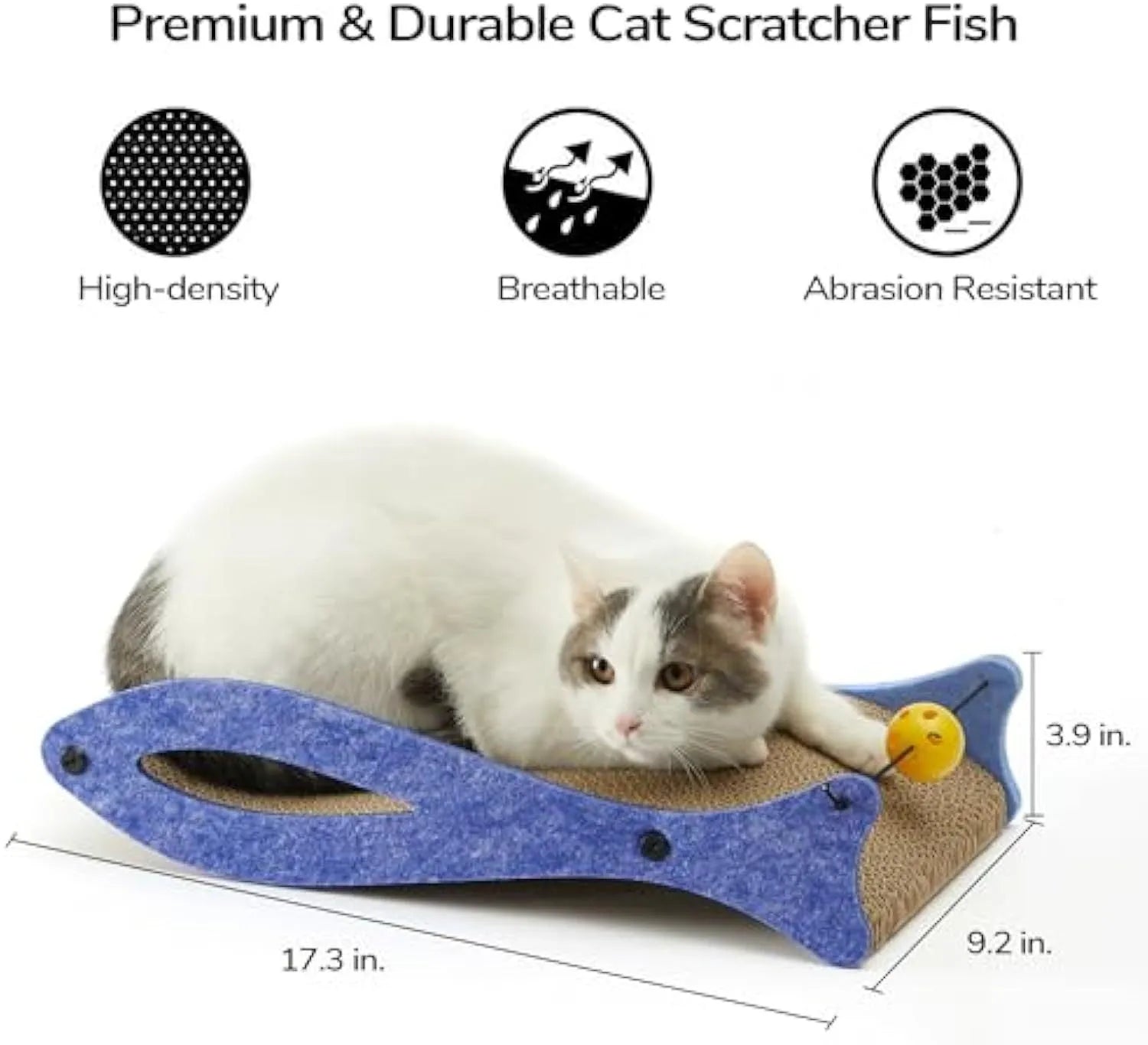 Blue fish-shaped cat scratcher lounge with corrugated cardboard surface and attached bell ball toy