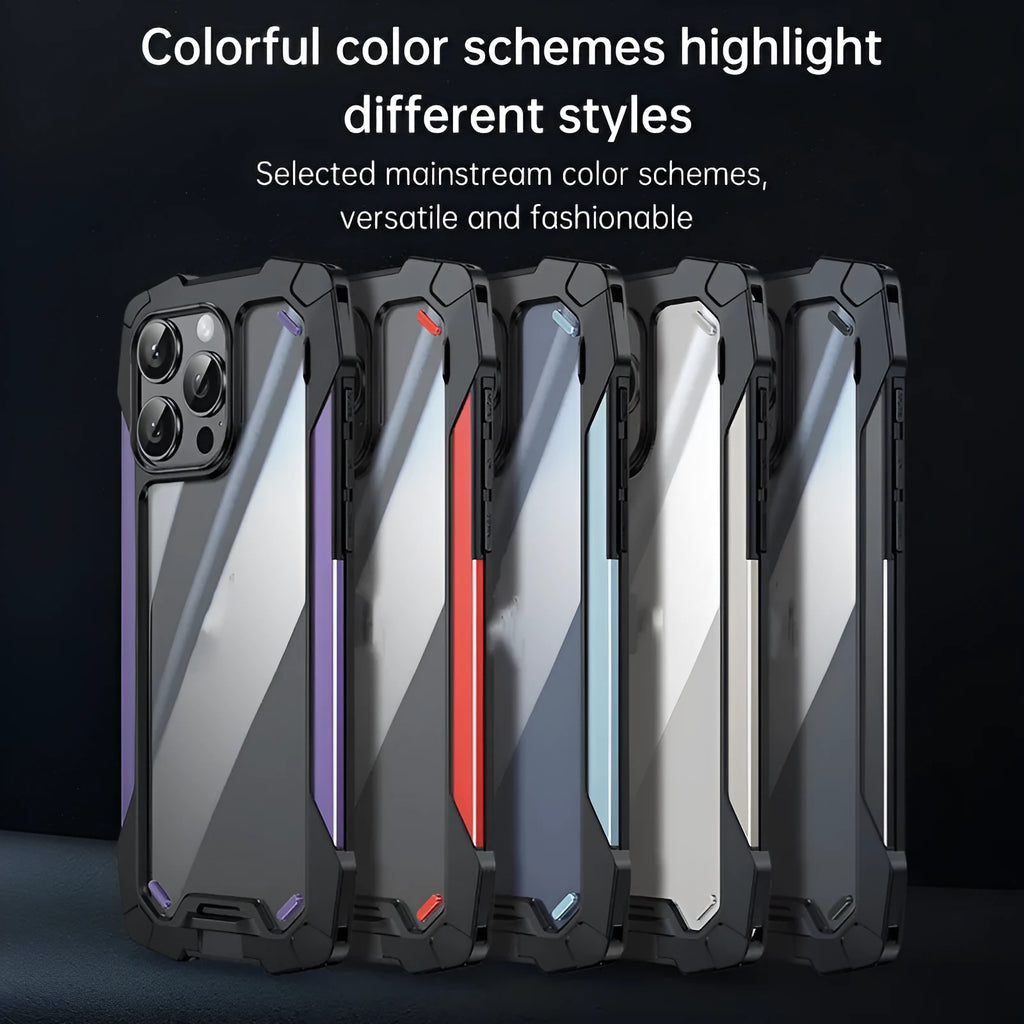 Two-in-one metal and silicone phone case with airbag drop protection for iPhone, available in black, blue, purple, red, and silver grey
