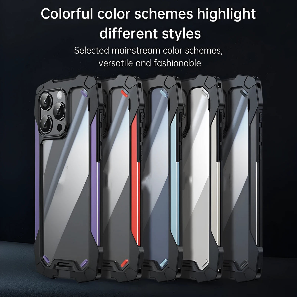 Two-in-one metal and silicone phone case with airbag drop protection for iPhone, available in black, blue, purple, red, and silver grey