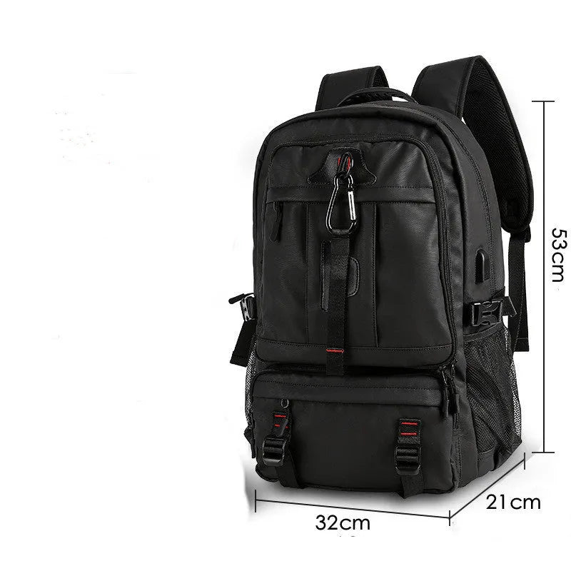 Black Oxford cloth travel backpack with 17 inch computer pocket, USB charging, and wet and dry separation