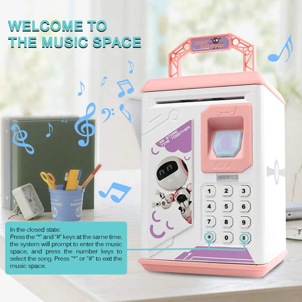 Electronic piggy bank in blue with fingerprint sensor and number keypad, 13 cm wide