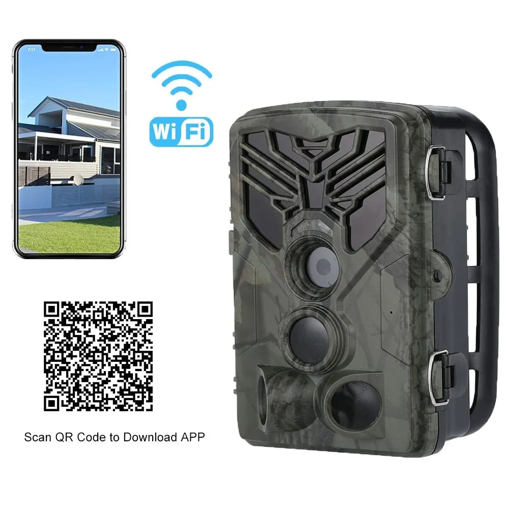 Wifi830 compact wildlife camera with camouflage finish showing lens, display, and mounting bracket