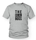 Loose fit men's round neck T-shirt with a print design, short sleeves, on a hanger.