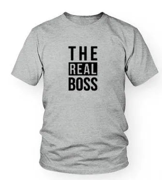Loose fit men's round neck T-shirt with a print design, short sleeves, on a hanger.