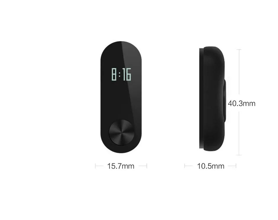 Black Xiaomi Mi Band 2 smartband with OLED display on adjustable wrist strap