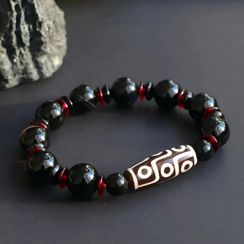 Black agate dzi bead bracelet with geometric 11mm chalcedony beads