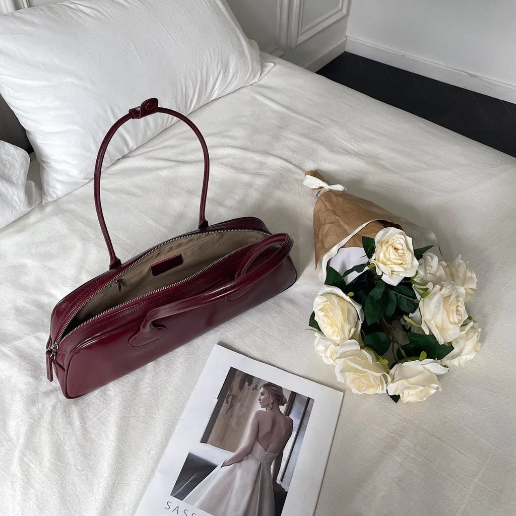 Women's genuine cowhide leather single-shoulder bag oval shape 41x9x14cm brown brownie brown colour open pocket retro style