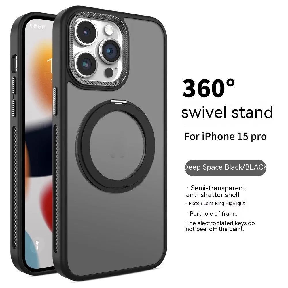 Rotating bracket magnetic suction phone case for iPhone 16 in frosted silicone with drop protection
