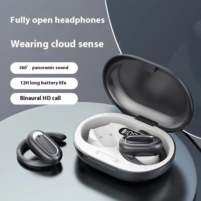 Wireless Bluetooth headset with digital display screen, ear-hook design, black orange colour, noise reduction sports earphones
